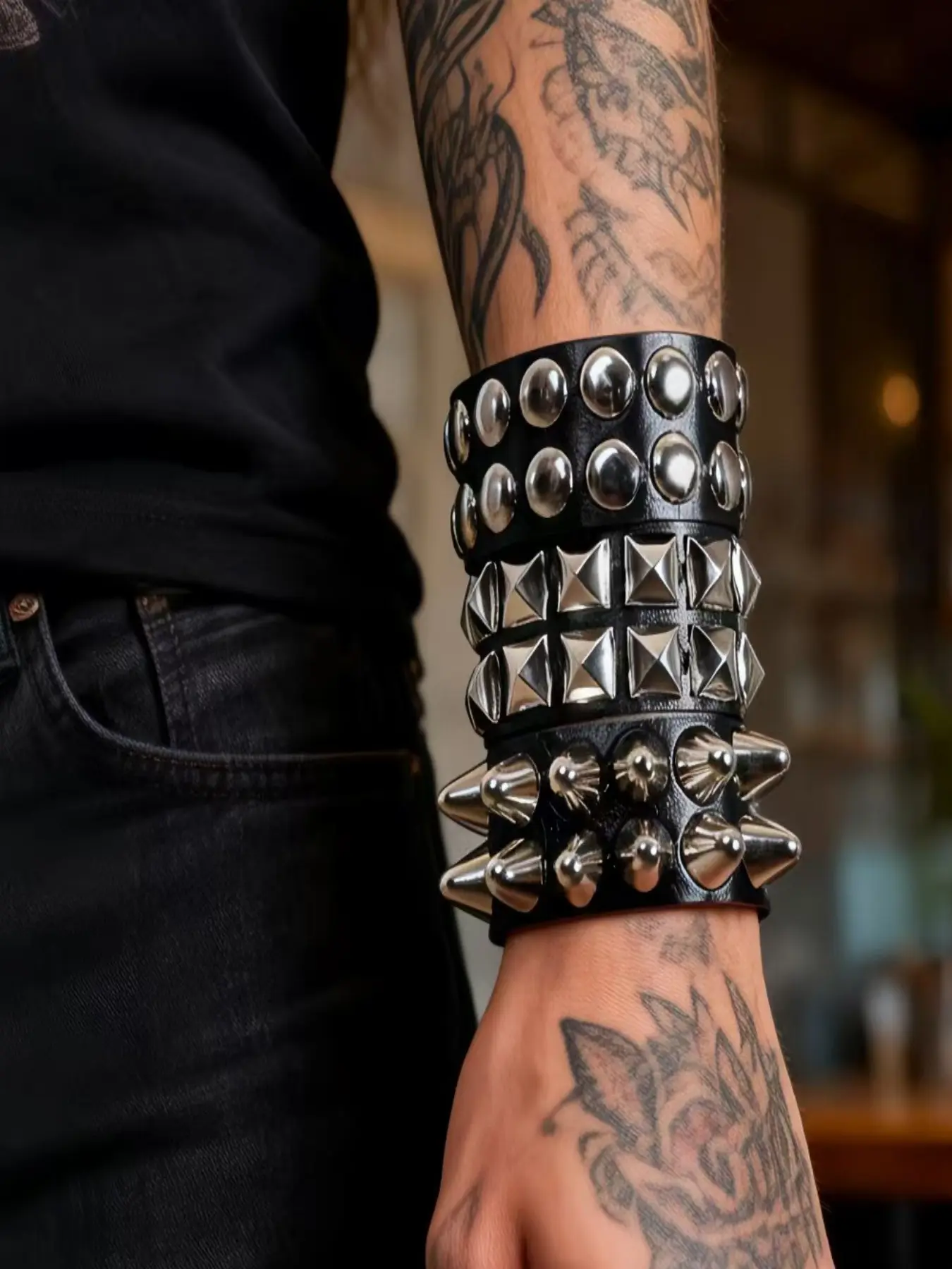Stackable Black Wide Leather Punk Bracelet Set, Three Mixed Styles with Round Dome Rivets, Square Pyramid Studs & Long Cone Spikes, Adjustable Snap Wrist Cuffs, Unisex Edgy Biker Gothic Wrist Jewelry for Rock Festivals, Heavy Metal Concerts, Halloween, Em