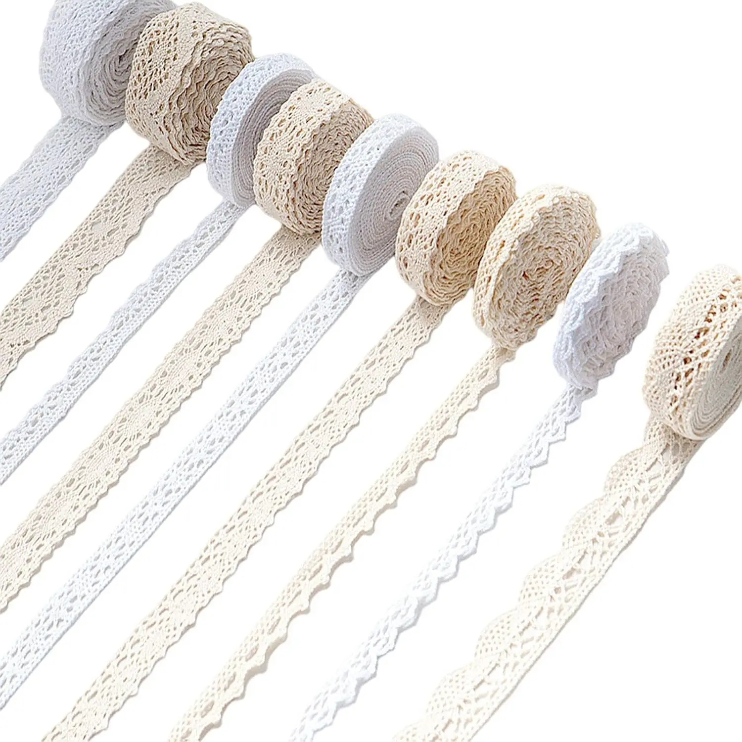 45 Yards Cotton Lace Ribbon Set, 9 Vintage Styles for Scrapbooking, 9 vintage cotton lace styles in beige and white, 5 yards each, for scrapbooking, sewing, gift wrap and DIY crafts