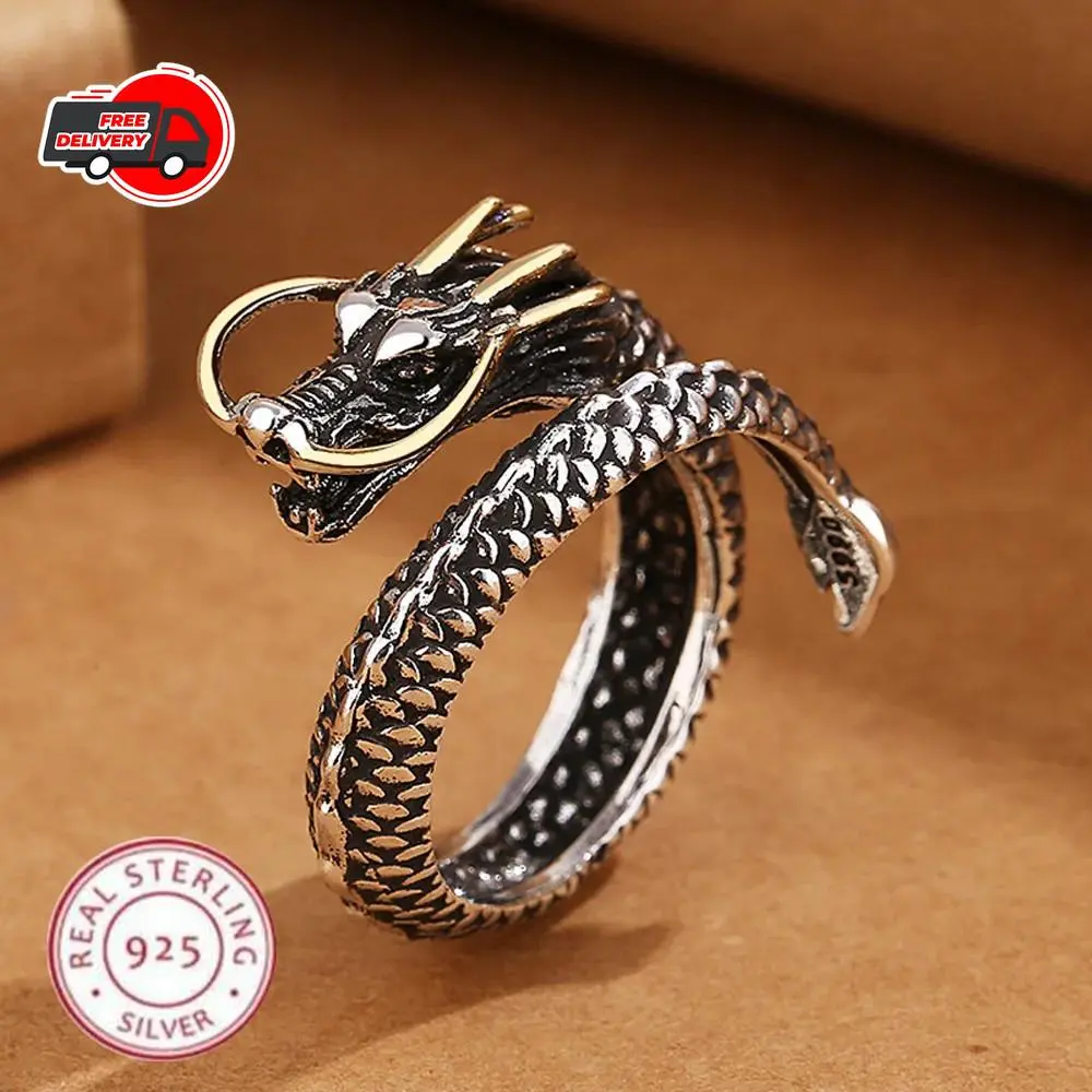925 Sterling Silver Dragon Ring Vintage Women Men Wedding Jewelry Gift