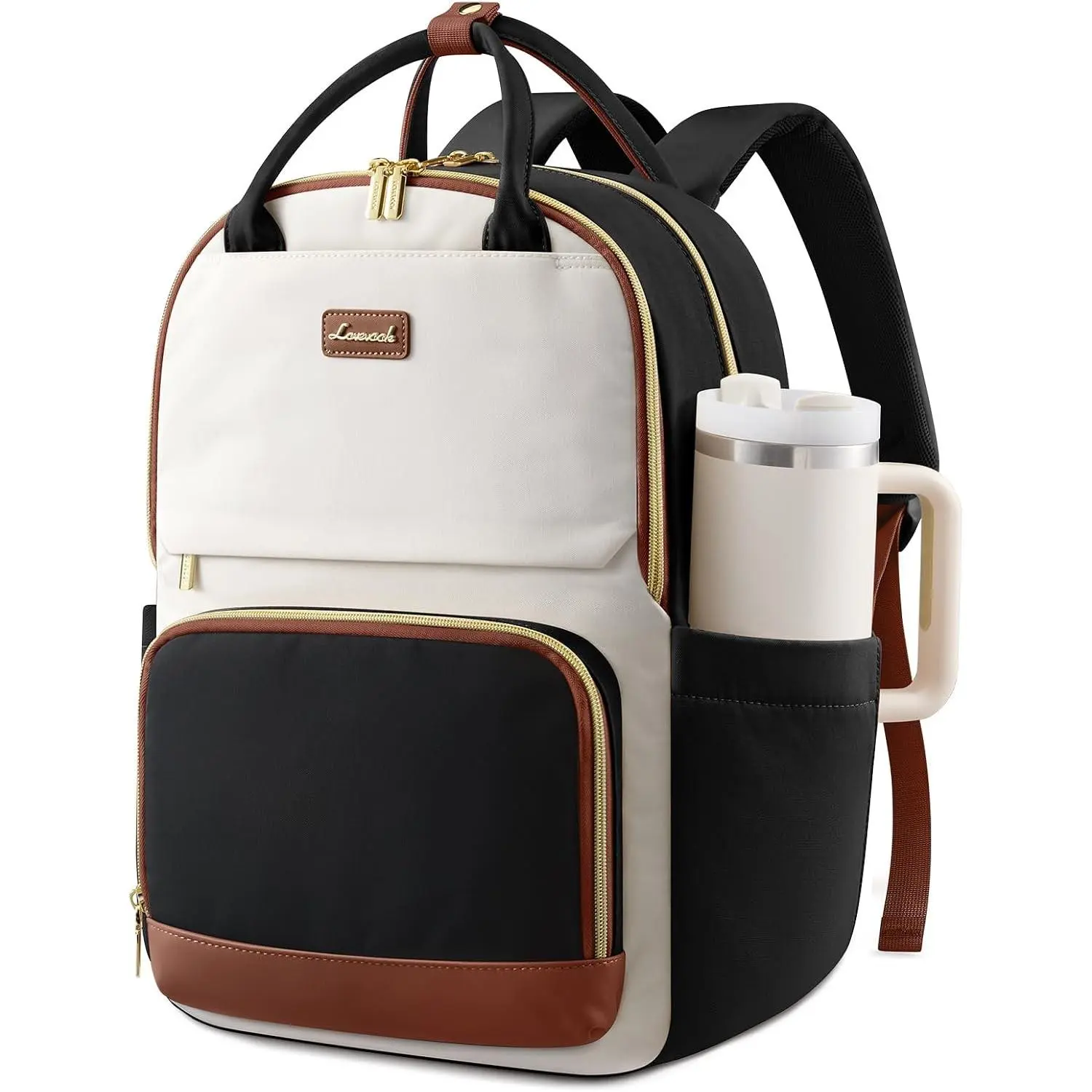Laptop Backpack for Women with Giant Tumbler Holder Pocket, 15.6 inch Travel Work Backpack Purse for Teacher Nurse, Waterproof College Book Bag Cute Casual Daypack, Beige-Black-BrownGift