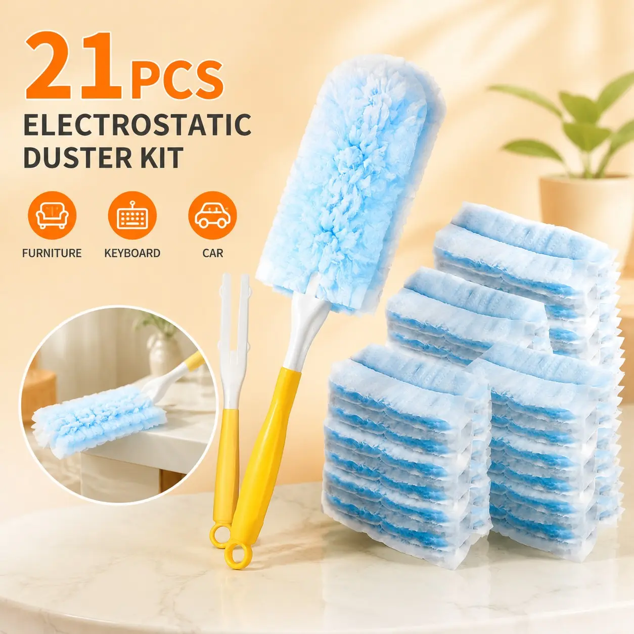 21pcs Set (20 Blue Dust Cloths + 1 Handle) Disposable Electrostatic Duster, a Must-have for Home and Car Cleaning, Furniture, Keyboard, and Car Duster with Replacement Heads, a Multi-functional Cleaning Tool.
