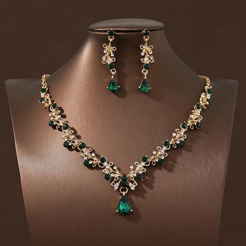 Vintage Emerald Green Teardrop Necklace Set, Women's Necklace & Earrings Set, Luxury Bridal Jewelry for Wedding & Banquet