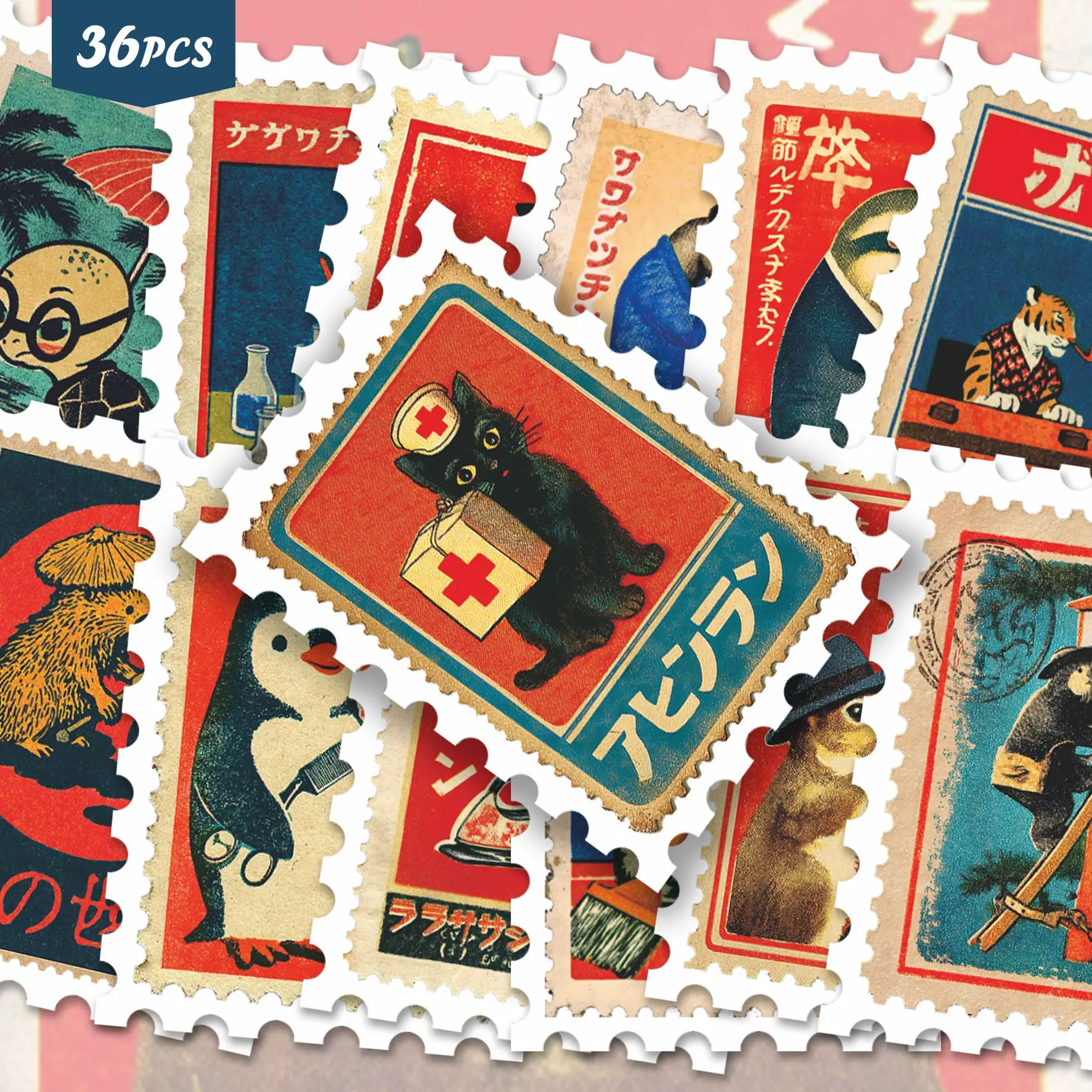 36pcs Retro Woodblock Animal Stickers Pack | Aesthetic Vintage Japanese Matchbox Style Cat & Wildlife Graphics | Vinyl for Journaling & Scrapbooking