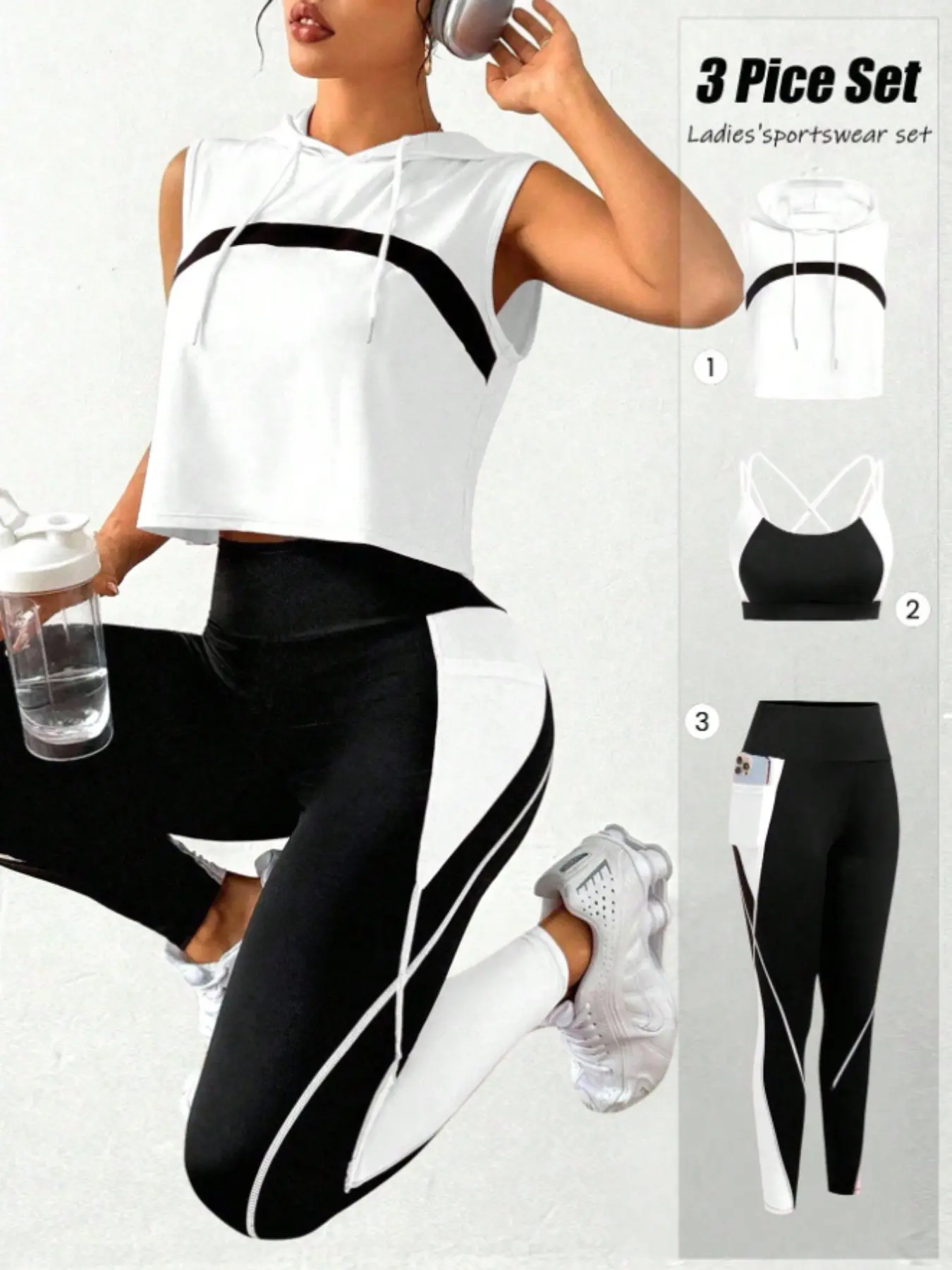 Three-Piece Colorblock Sportswear Set, Top Athletic Bra and Yoga Pants Bottoms, Comfortable and Stylish Workout for Women