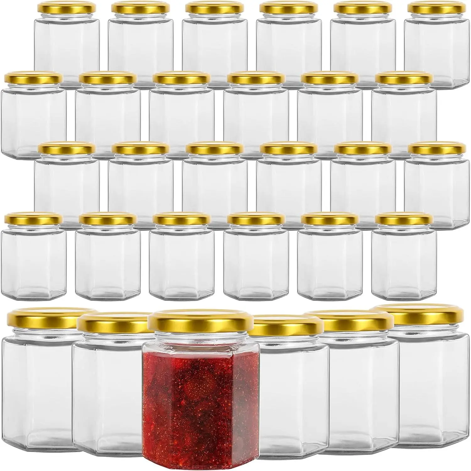 Hexagonal Glass Jam Jars with Gold Lids 6 oz,30 Pack Glass Canning Jars Food Storage Preserving Jars for Honey,Fruits Salad,Baby Foods,Spices,desserts