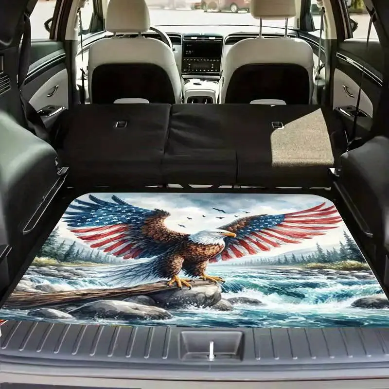 Single-Piece Car Mat And Flag Pattern- Non-Slip, Suitable for All Seasons, for Suvs/Cars. Easy to Clean, Sturdy Cargo Mat. Patriotic Design with Eagle Nest And Waterfall- Protects Interior Space, Suitable for Various Car Models