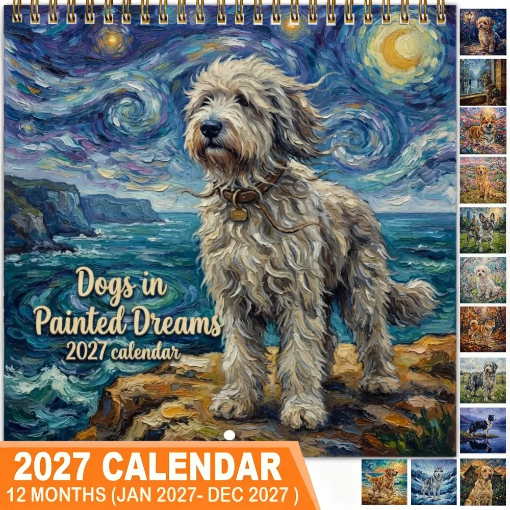 2027 Wall Calendar, Dog Painting Dream Calendar, Lightweight Roll-Up, Easy Wall Installation, Large Date Markers, Perfect Gift for New Year, Birthday, Holidays