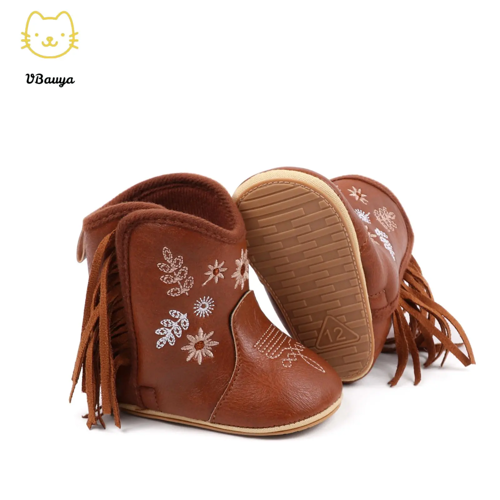 Infant Girls' PU Fashion Boots, Embroidered Flowers, Non-Slip Soft Sole, Winter Warm Snow Boots for First Walkers & Crib Use