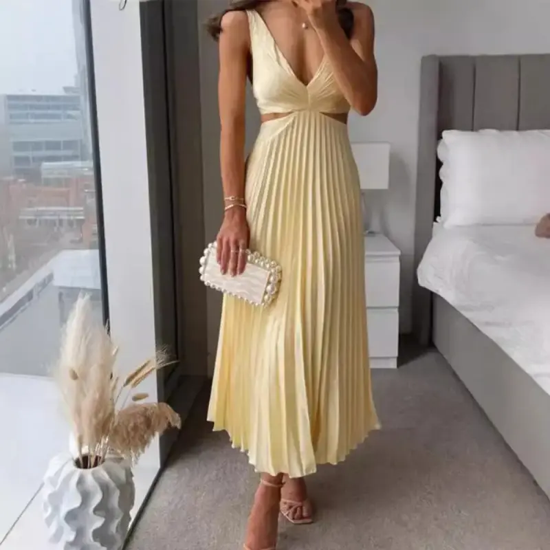 Summer Temperament Elegant neck Sleeveless Hollow Backless Pleated Dress Backless Satin  Camisole Dress Womenswear Formal Fitted Workwear Basic Minimalist Yellow Fashion Casual