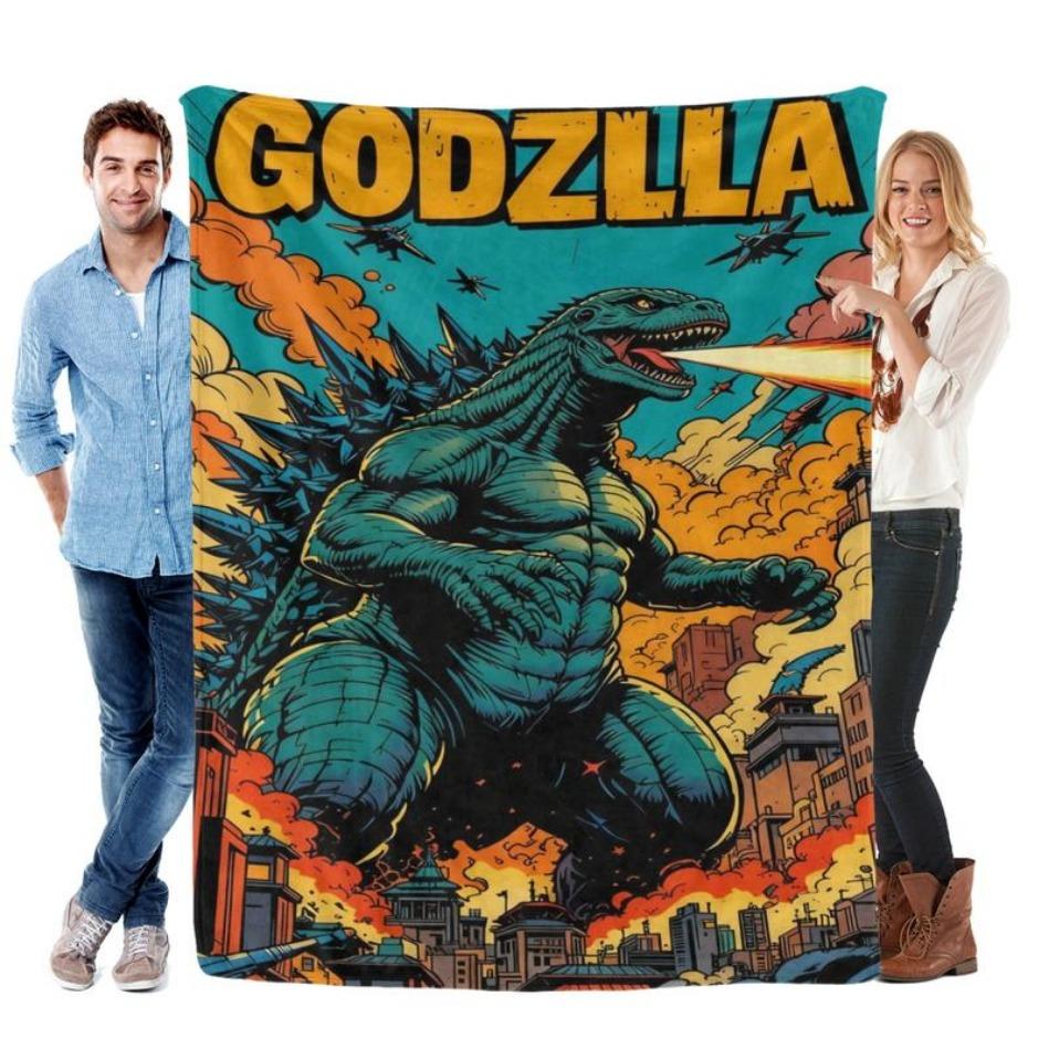 Retro Godzilla Comic Art Flannel Blanket Kaiju Enthusiasts Christmas Gift Dynamic City Attack Design Soft Warm for Bed Sofa Home Decor