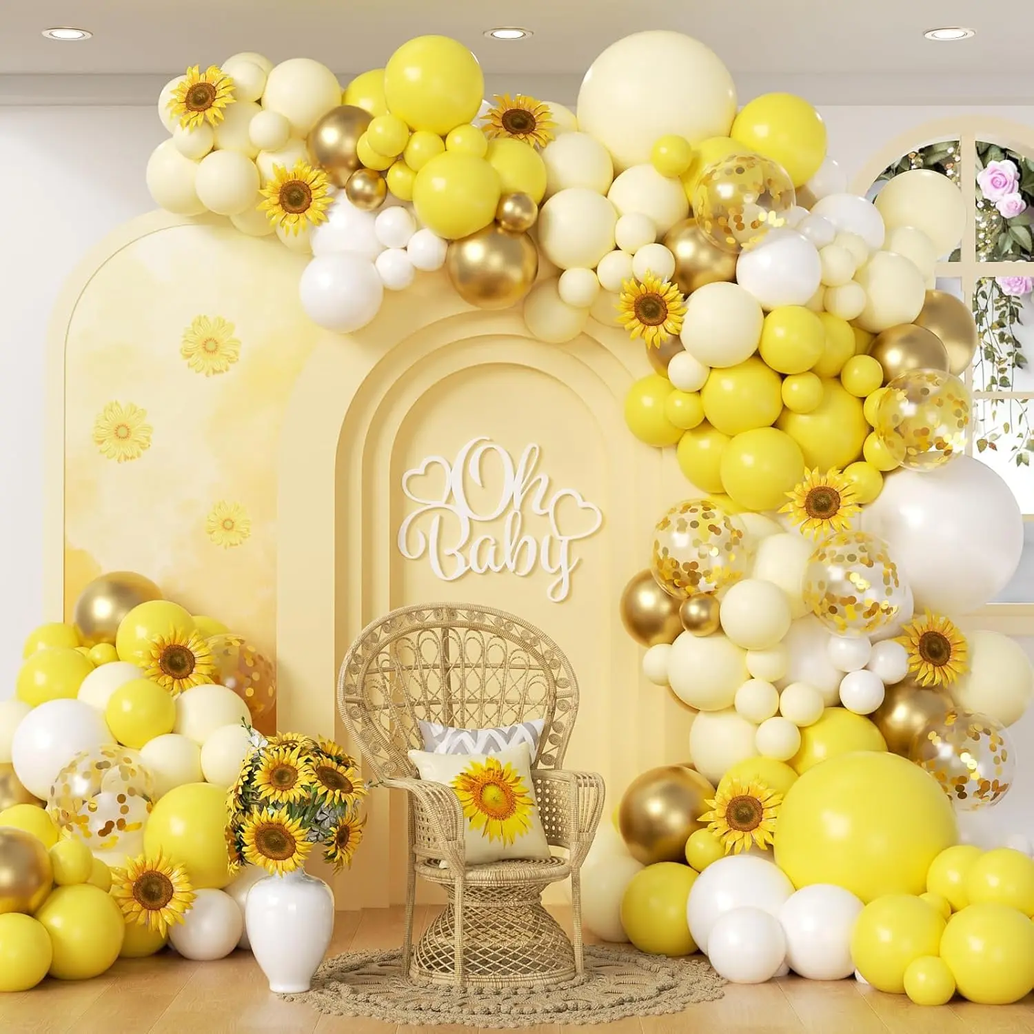 41-Piece 12in Thick Yellow Bee Balloon Arch Kit - Metallic Gold Confetti, Blow Up Balloons, White Pieces, Pump - Colorful Arch Decor for Baby Shower, Birthday, Balloon Decor