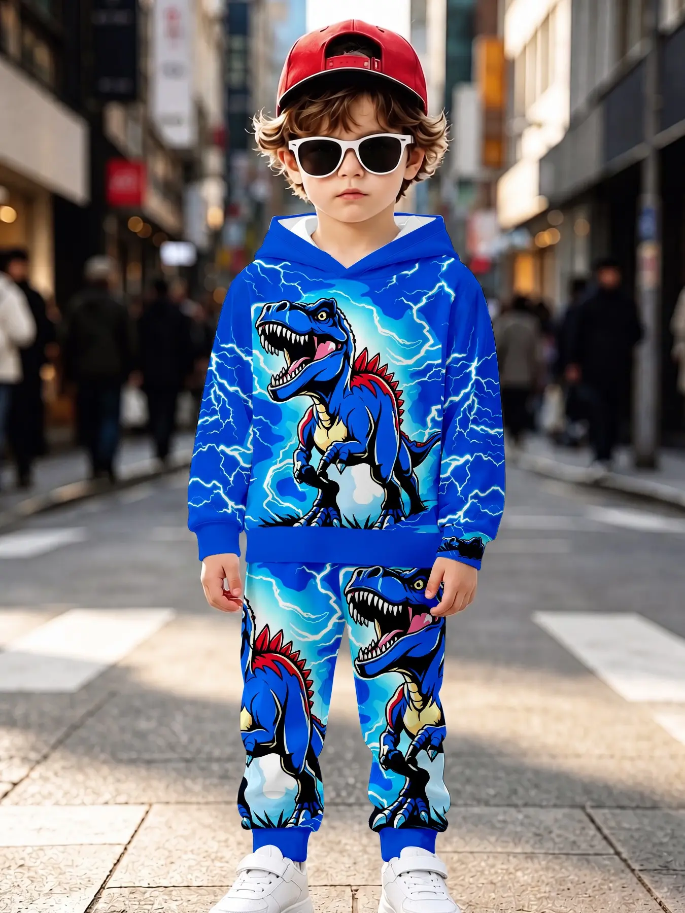 Cartoon Dinosaur Hoodie and Pants Set, Long Sleeve Loose Fit, Casual Fall Winter, All over Print, Natural Waist, Matching Set