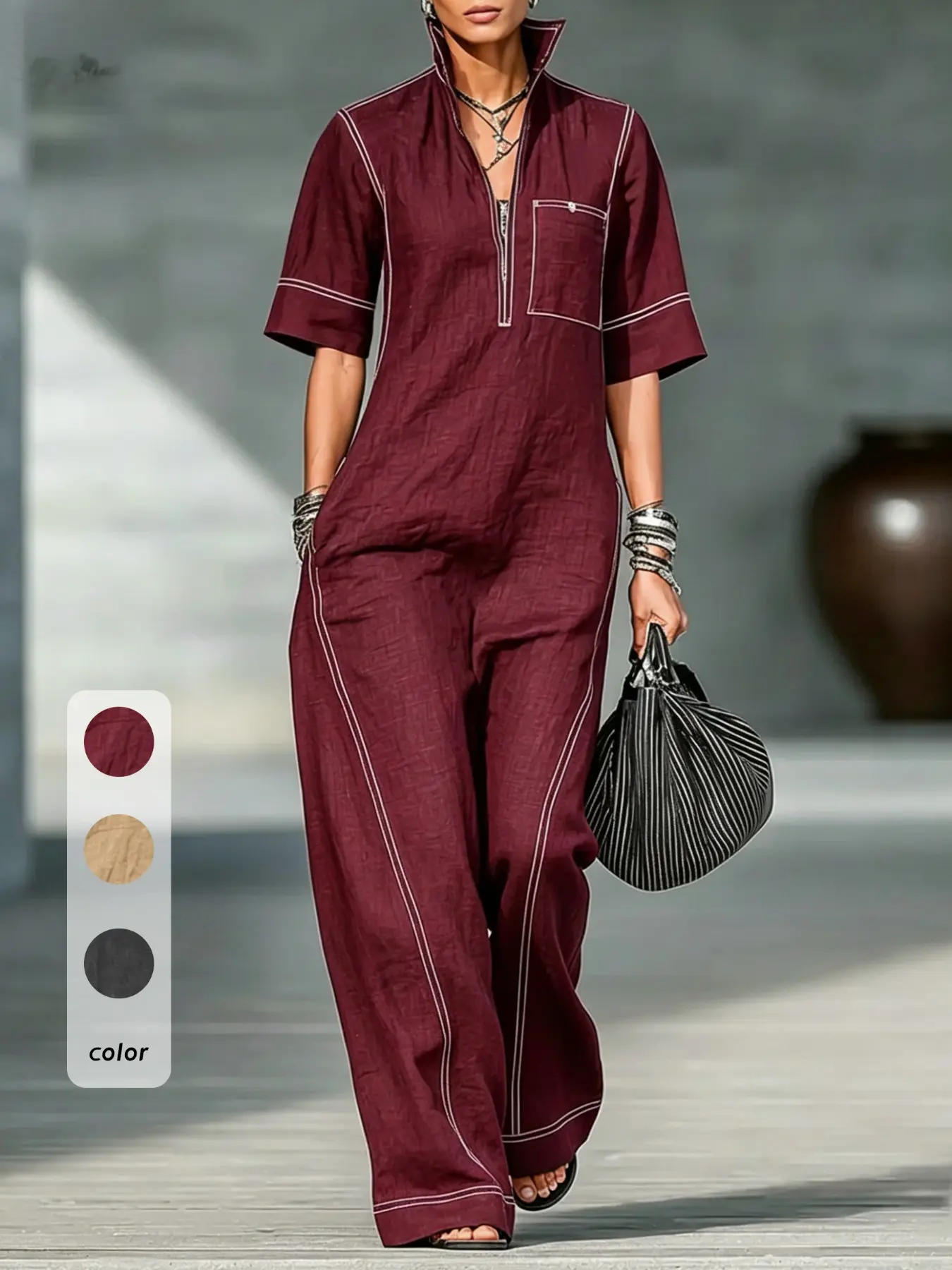 Women's Wide Leg Romper Jumpsuit with Line Decoration and Pocket, Chic Minimalist Style, Perfect for Urban Streetwear & Casual Gatherings