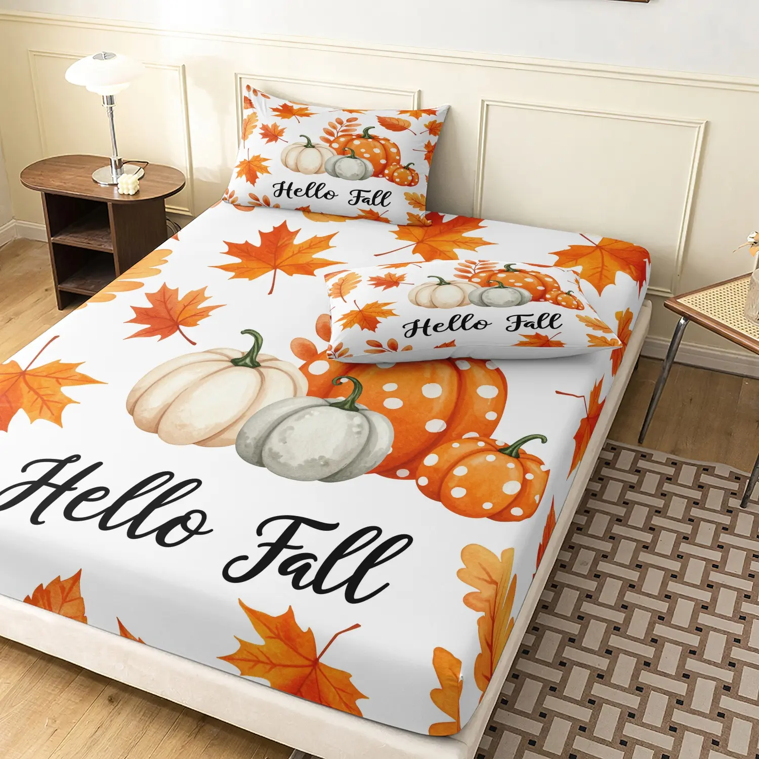 3 Pieces Hello Maple Leaf Pumpkin Print Fitted Sheet Set, Watercolor Autumn Leaf Multi Color Pumpkin Harvest Print Bedding, Soft Microfiber Farmhouse Seasonal Bedroom Decor (1 Fitted Sheet + 2 Pillowcases, No Pillow)