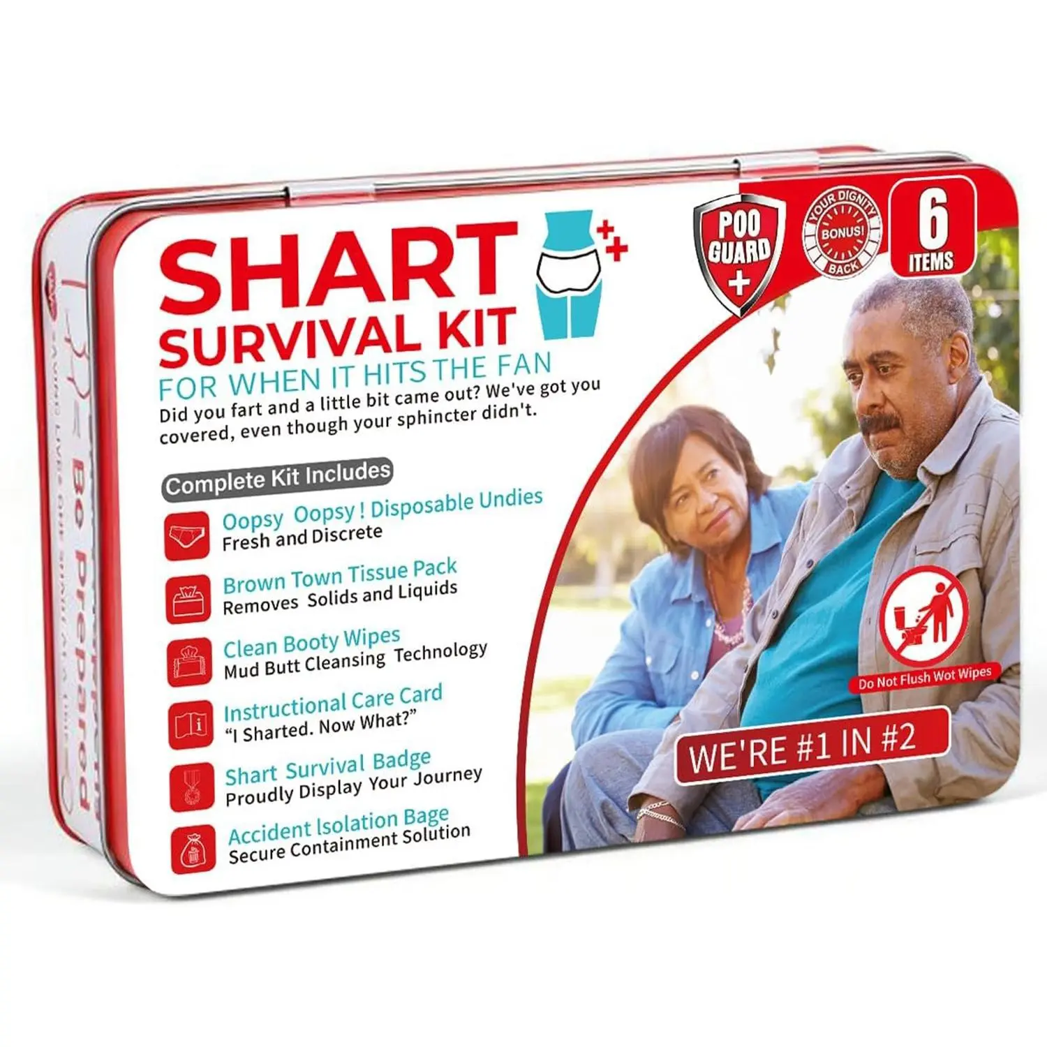 Funny Shart Survival Kit, Ultimate Poop Prank Humorous Gag Gift Set Contains Wet Wipes, Disposable Underwear, Tissues and Hilarious Badge.Novelty Fart Potty Pack Great for Friends or Family humor