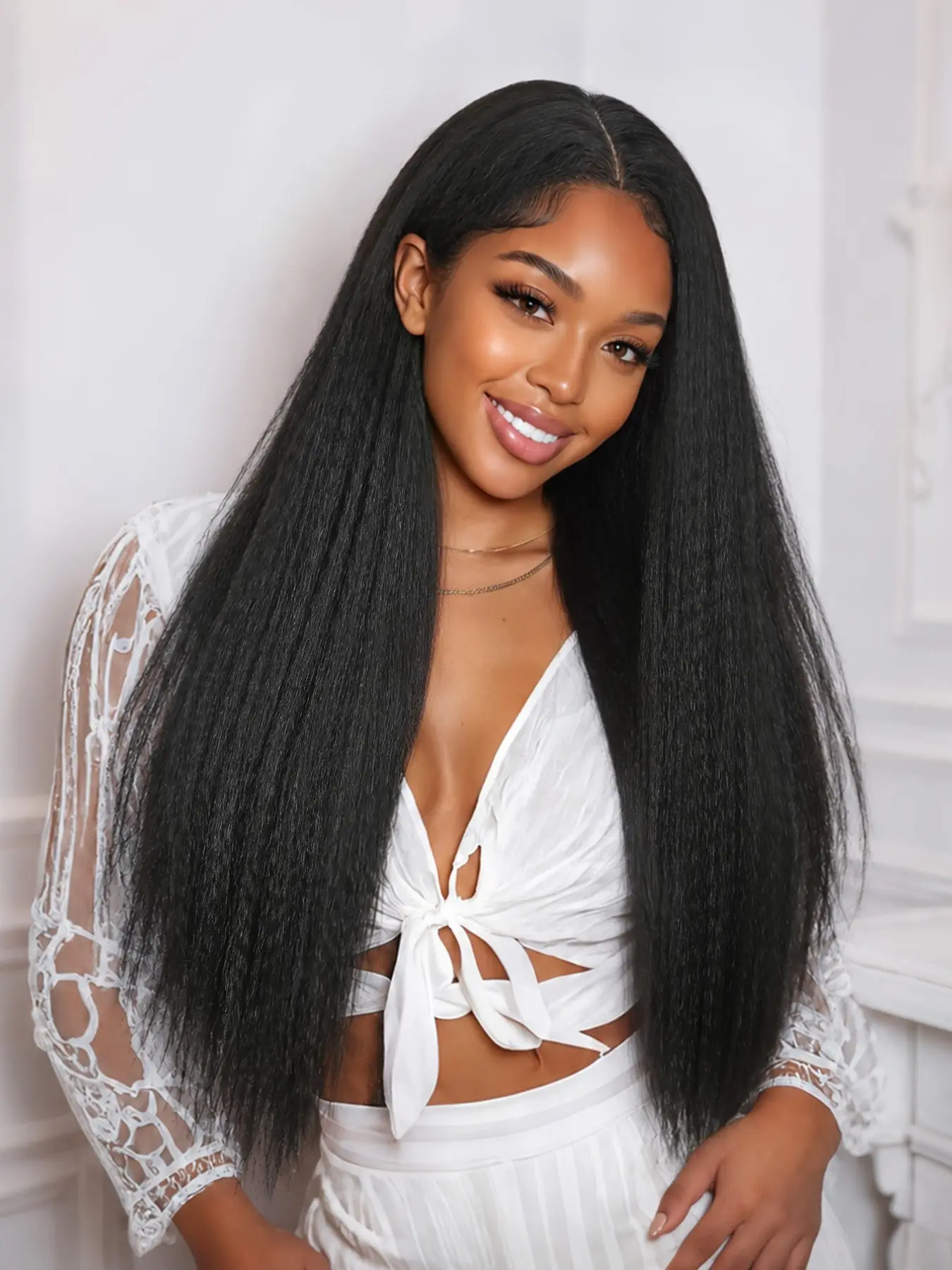 Yaki Straight Wig Long Black Yaki Wig For Women 26 Inch Middle Part Kinky Straight Synthetic Glueless Wigs For Daily And Party Use