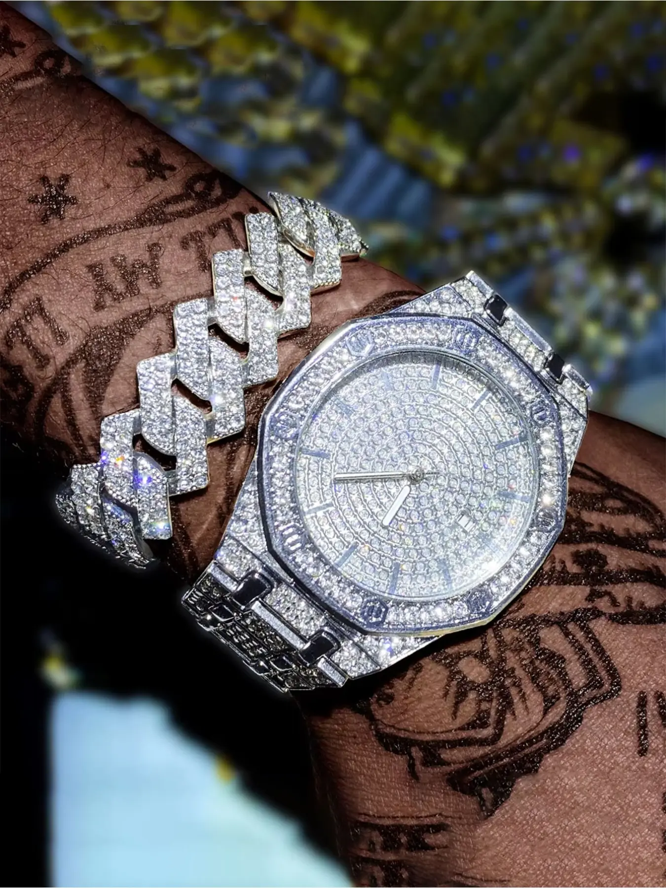 2pcs Hip Hop Men's Watch, Cuba Bracelet and Necklace Set