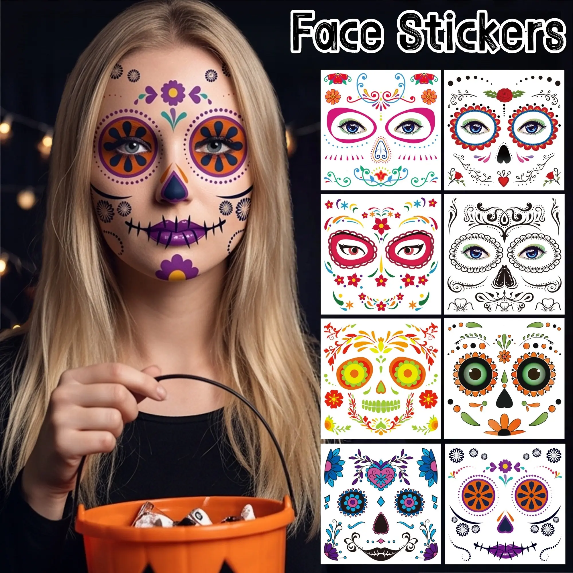 8 Sheets Face‑Mask‑Style Face Temporary Tattoos, Halloween Prank Makeup Stickers for Adults, Skull, Creepy Smiley & Big Black Mouth Patterns, Day of the Dead Temporary Tattoos, Waterproof Sweat‑Resistant Costume Accessories for Men & Women, DIY Prank Prop