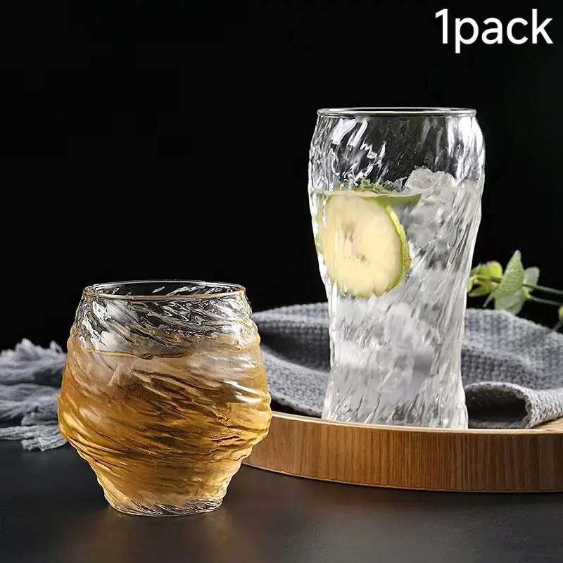 Japanese Style Hammered Glass Tumblers, Unique Tornado Design Clear Drinking Glasses, Decorative Glass, Heat Resistant Lead Free Dishwasher Safe Water Cups, For Milk Juice Iced Coffee, Ideal for Home Kitchen Office Daily Use & Housewarming Gift