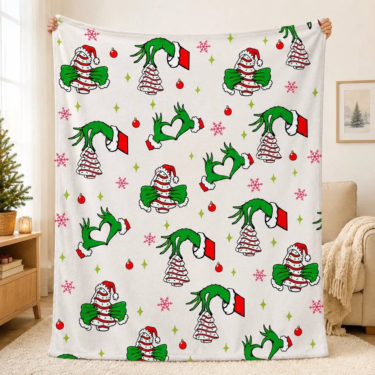 Grinch Christmas Flannel Blanket, Festive Style, Soft Lightweight Cozy Throw, Perfect for Sofa, Bedroom, Naps, Christmas Gifts