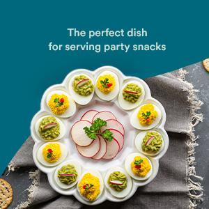 KooK Deviled Egg Platter Tray, Ceramic Easter Egg Holder, Holds 12 Eggs, Ceramic Dish, Display Holder, Dishwasher Safe, Microwave Safe, freezer Safe, Sleek, 10 Inch Diameter, White