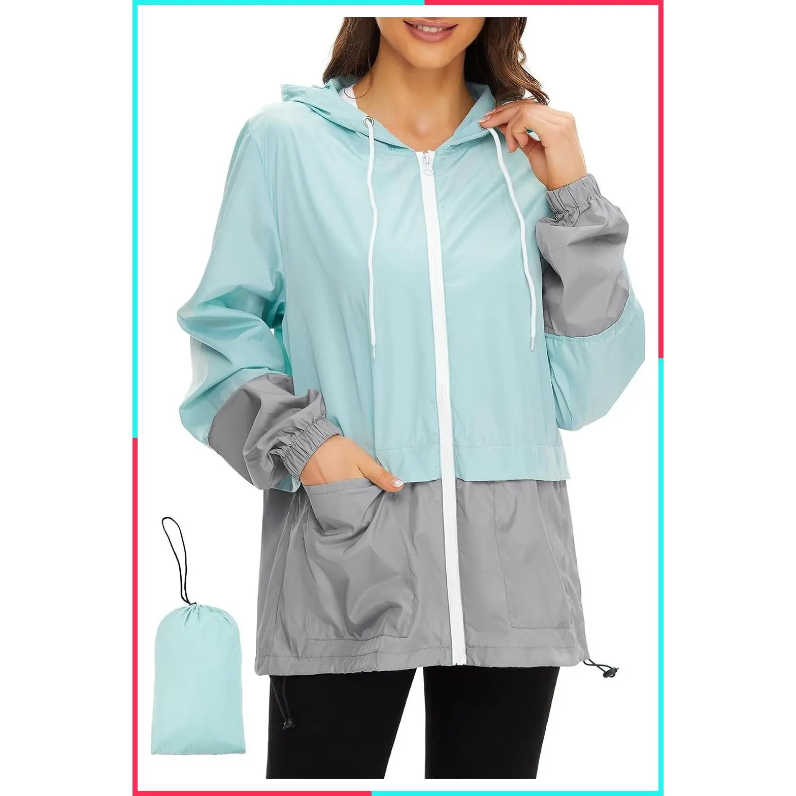 Women's Essential Waterproof Rain Coat, Lightweight Packable Fabric, Hooded, Casual, Drawstring-Design Outerwear