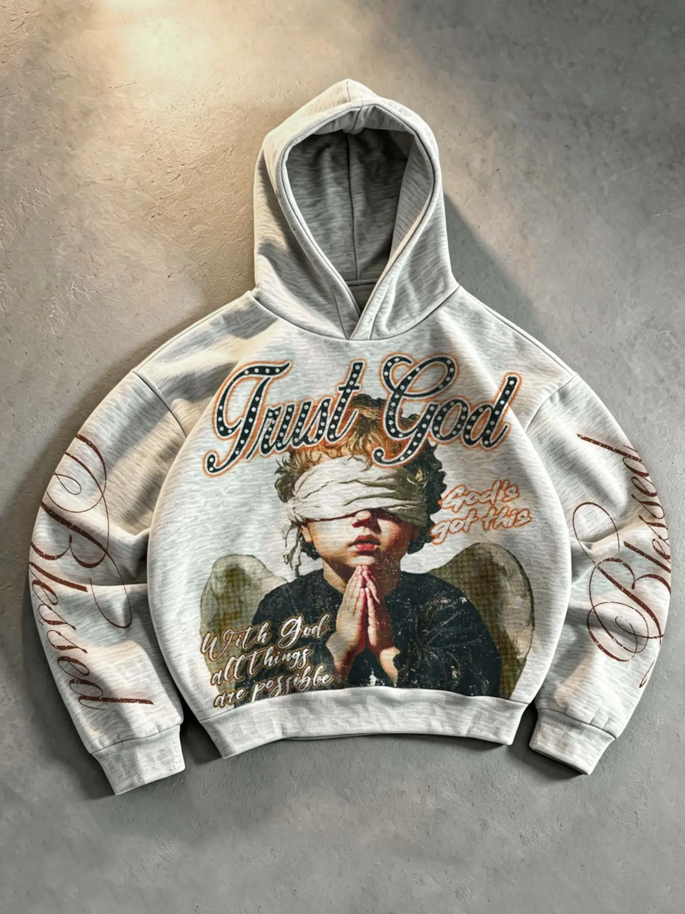 Men's/Unisex "Blindfolded Angel" Hoodie – American Retro Style featuring "Blessed" script print on the sleeves; available in a loose, drop-shoulder, cropped fit suitable for both men and women.