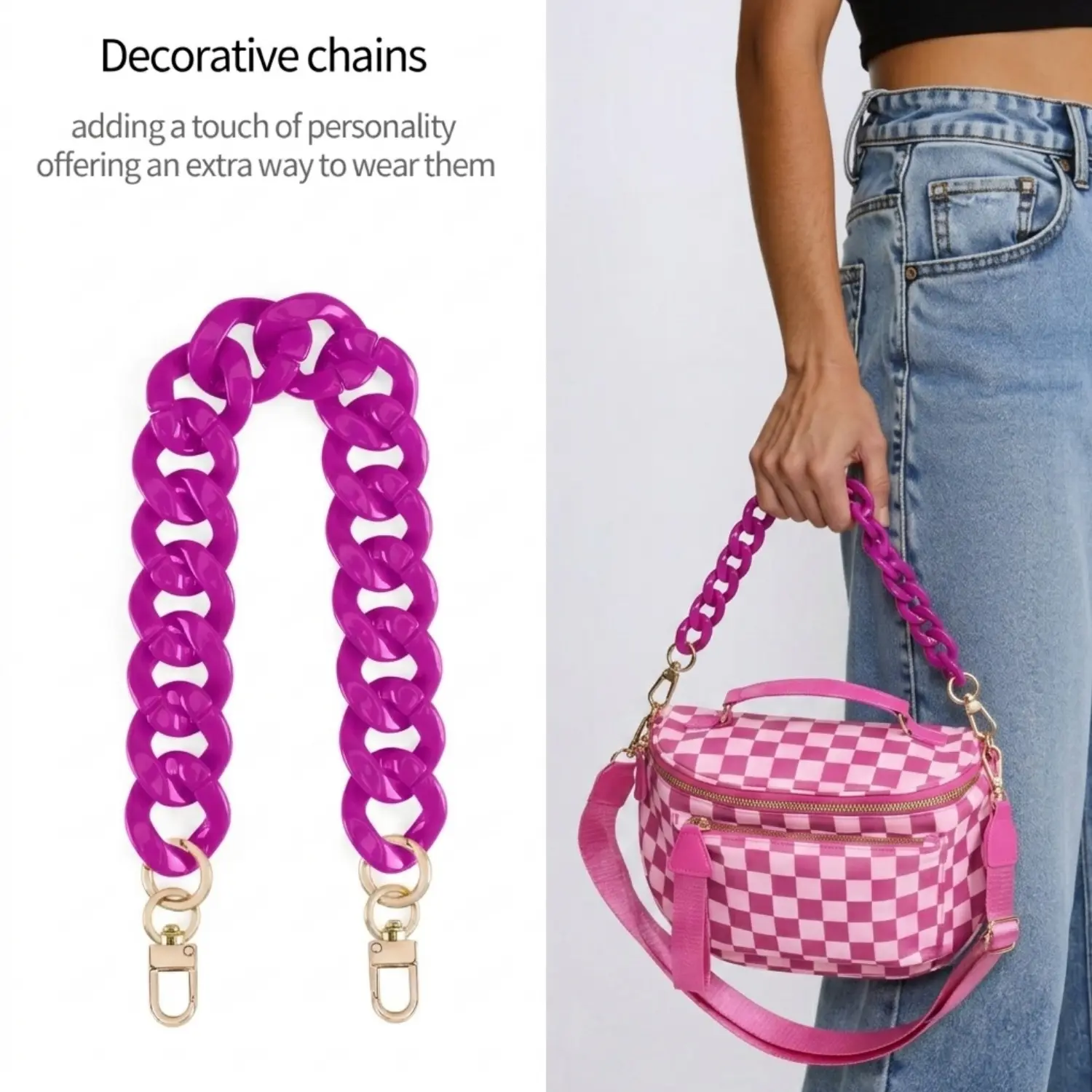 Chain-Spacious Checkered Nylon Crossbody Bag Bum Bag Checkered Handbags Wallets with Personalized Chain for Women