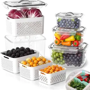 4 Pack Fruit Storage Containers for Fridge with Removable Colander,  Airtight Produce Containers with Divider, Stackable Food Storage Containers for Berry, Vegetable, Portable with handle