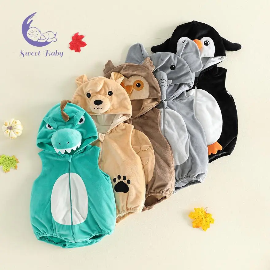 Infant Baby Fall Romper Adorable Cartoon Animal Long Sleeve Hooded Zipper Costume Jumpsuit for Party Wear