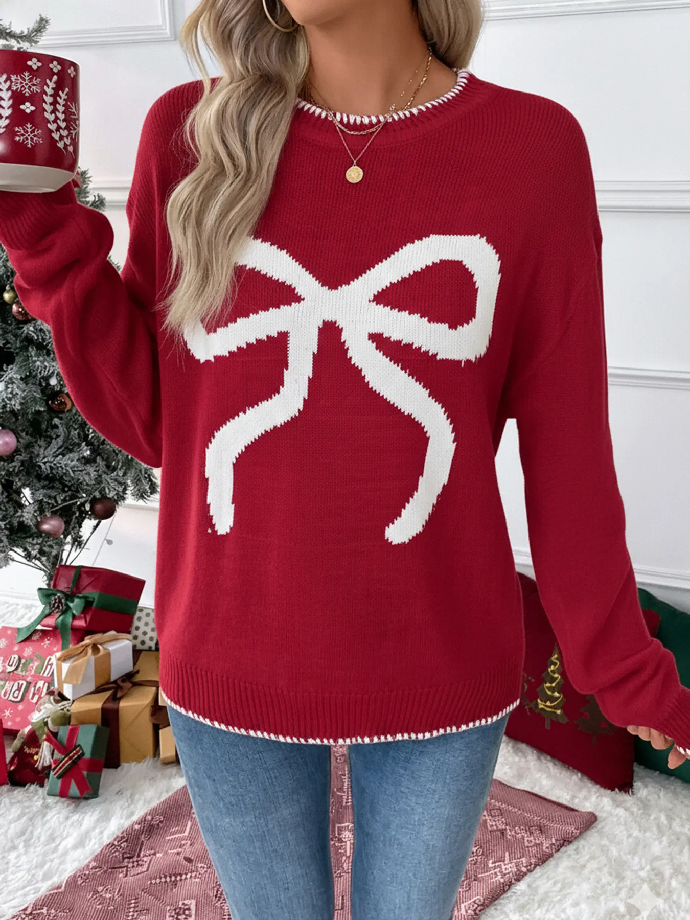 Autumn Winter New Fashion Loose Long Sleeve Round Neck Christmas Sweater, Women's Casual Holiday Knitwear, Comfortable and Stylish, Casual Chic Knitwear