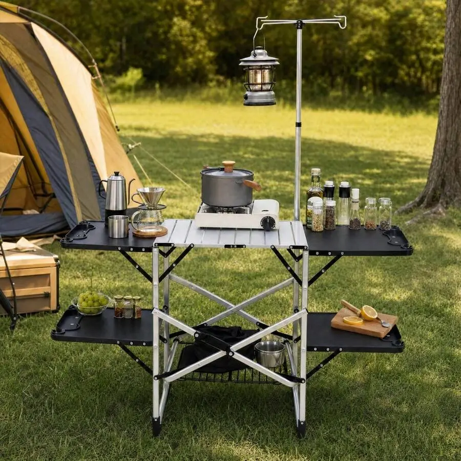 Folding Camping Kitchen Table - Portable Outdoor Cooking Station With Heat Resistant Top, 4 Side Tables, Storage Rack & Lamp Post For Picnics & Camping Trips