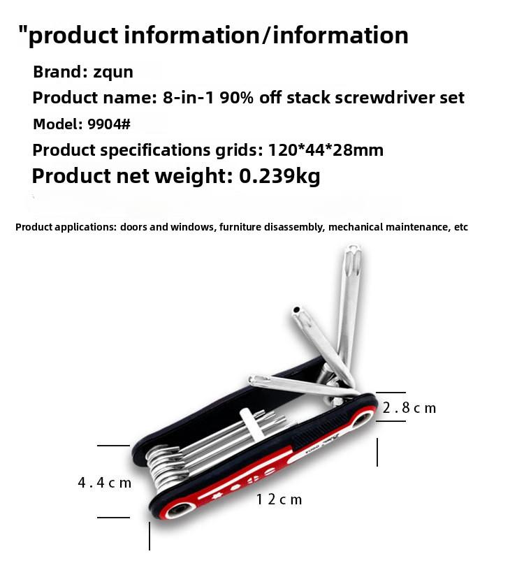 8-in-1 Chrome Vanadium Steel Hex Key Wrench with Hole, Torx, Folding Screwdriver Set, Outdoor Repair Tool Combo