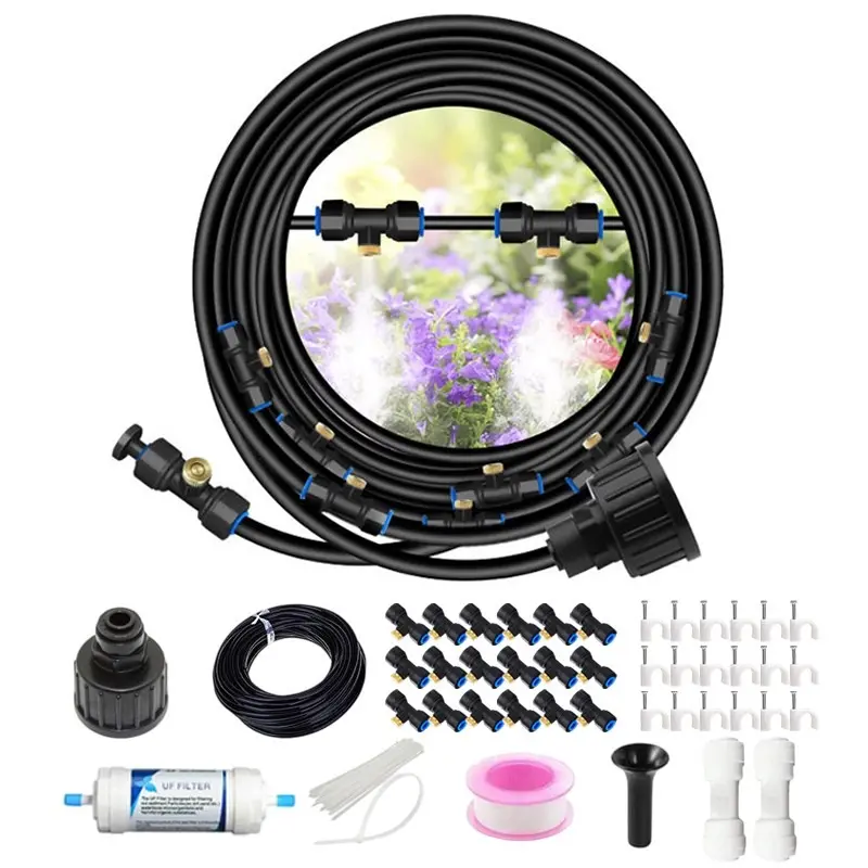 Outdoor Misting System - Eco-Friendly, Leak-Proof with Water Filter, 59Ft(18M) Line, 18 Brass Nozzles, Brass Adapter, Direct Tap Water Pressure, DIY Setup for Trampolines, Greenhouses, Patio