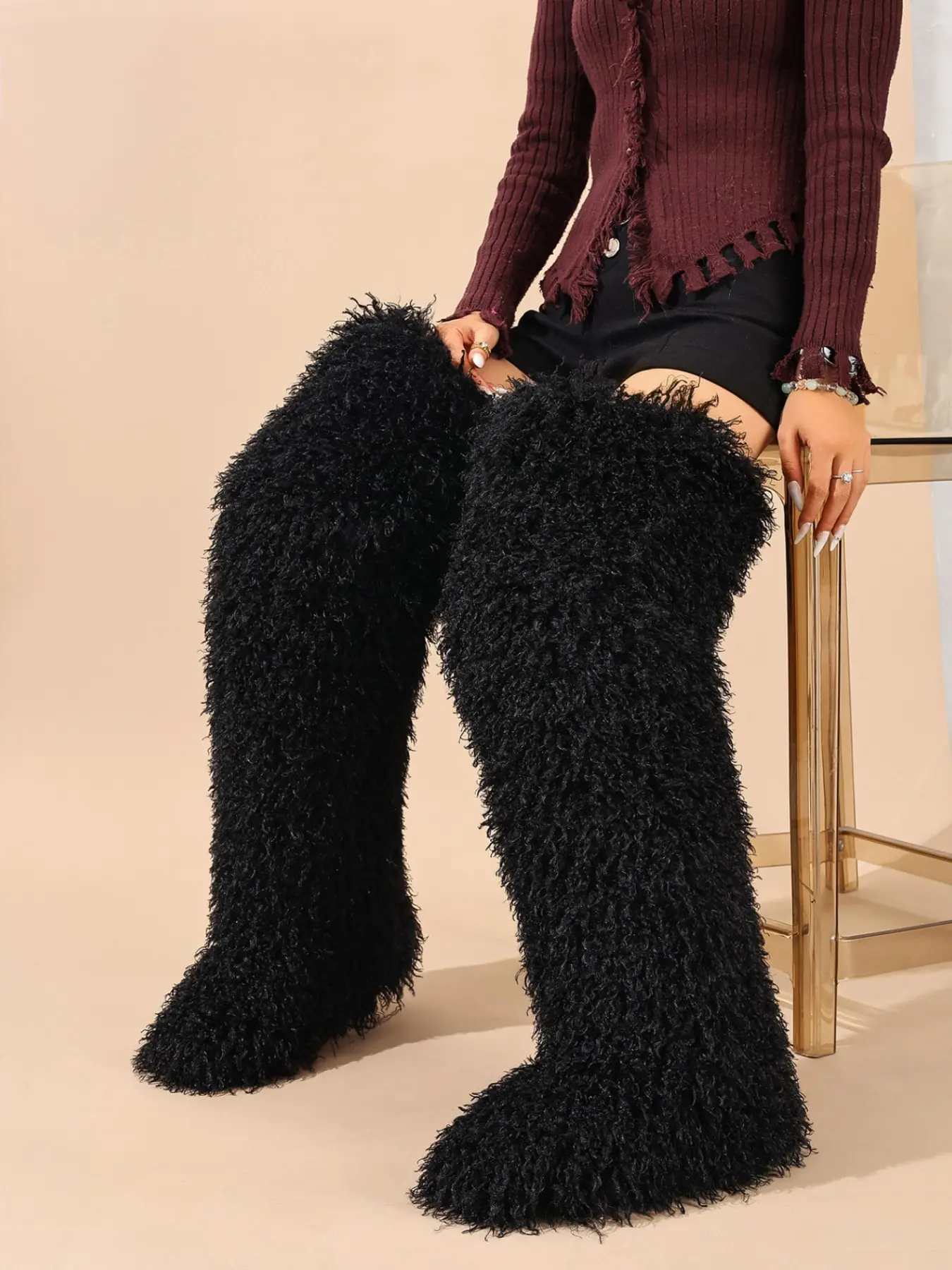 Women's Faux Fur Over-The-Knee Boots, Winter Warm Party Casual Shoes, Round Toe Slip-On Design, Fall & Winter Outdoor Flat Shoes