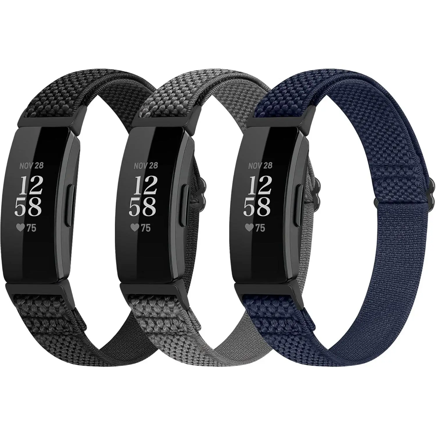 Adjustable Durable Elastic Nylon Fabric Bands with Quick Release - 3 Pack Synthetic Stretchy Loop Wristbands for 3/2/HR Smart Wearable Devices, Unisex Wearable Accessories