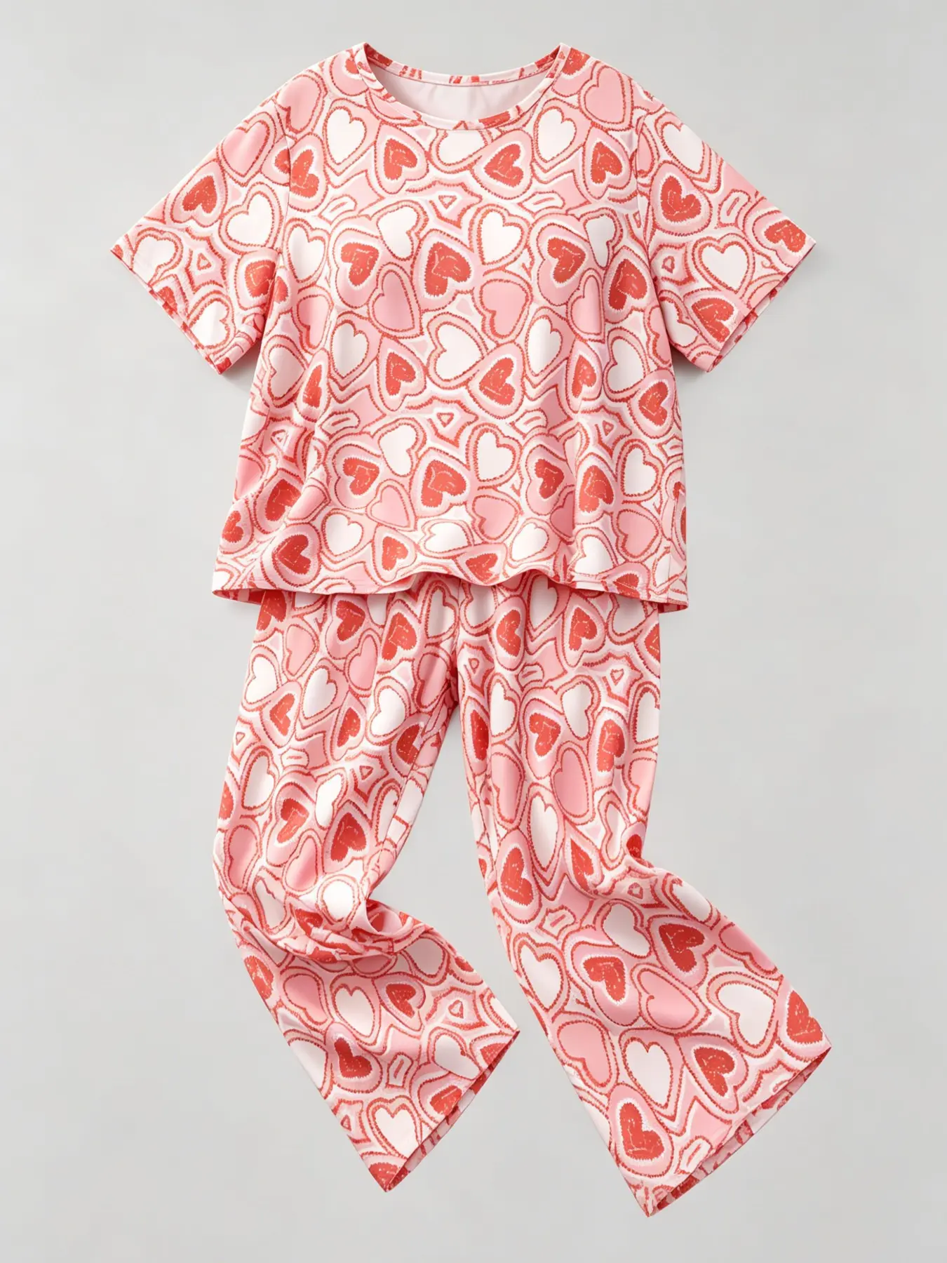 Women's Plus Size 2-Piece Pajama Set, Heart Print Short Sleeve Long Pants, Casual Loose-Fit Home Wear, All Seasons Comfortable Sleepwear