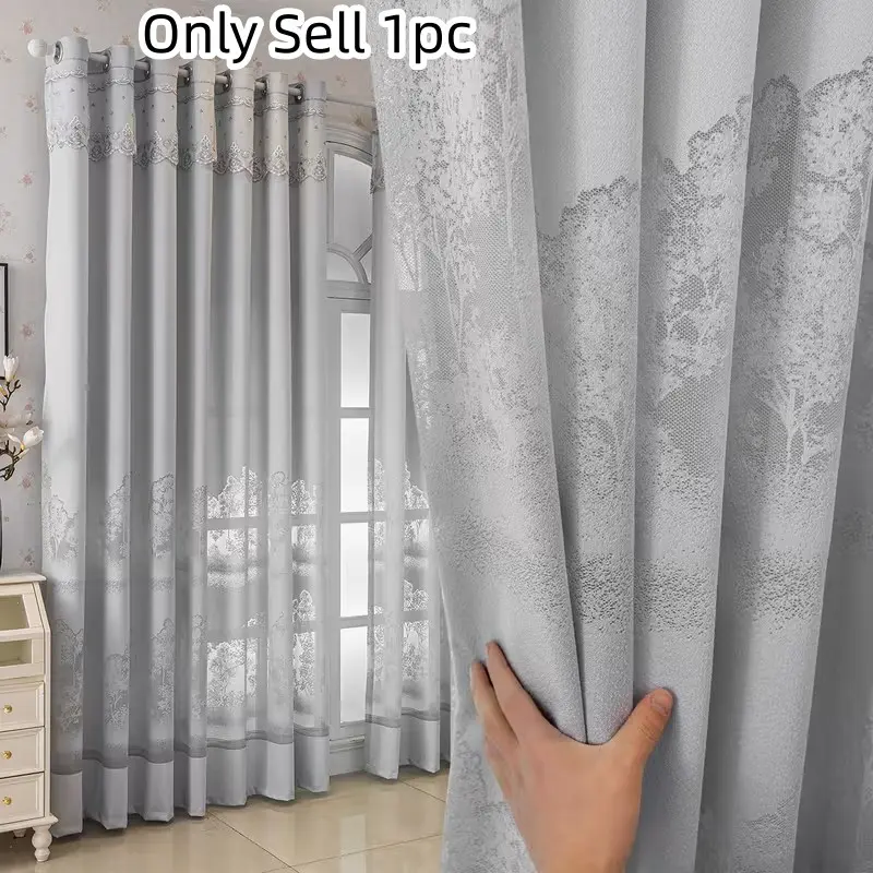 1pc Light Vintage Curtains, Forest Silhouette Embroidery, Lace Trim, Retro Farmhouse Style, Cozy Living Room Decor