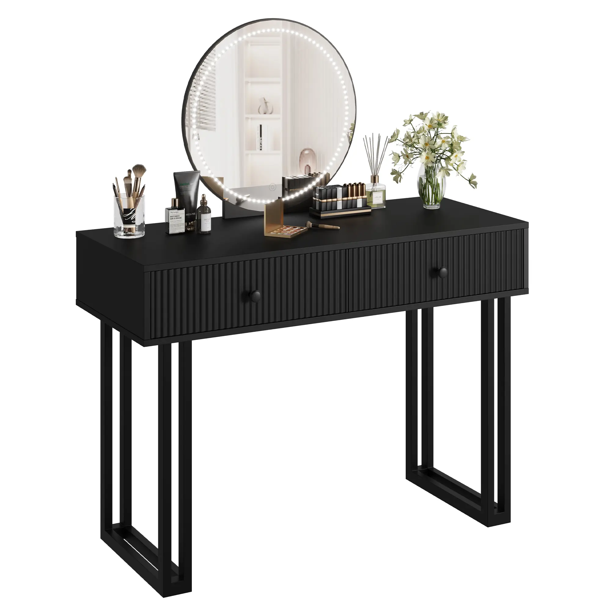 40-Inch Vanity Makeup Desk, Modern Black Dressing Table with HD Lighted Round Mirror, 3 Color Lights & Adjustable Brightness, 2 Drawers for Bedroom