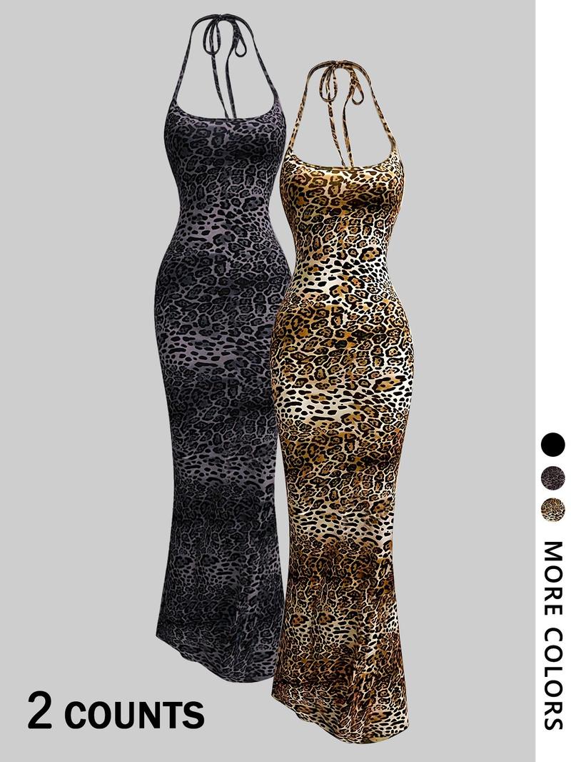 Women's Leopard Print Cami Mermaid Dress & Solid Color Sleeveless Cami Dress Set, Sexy Minimalist Fashion Casual Two-piece Outfits for Party Club Dating Wear, Ladies Summer Clothes, Gowns, Formal Womenswear, Dresse