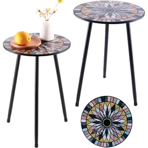 Metal Mosaic Round Side Tables Set of Two 13.4" Small Outdoor Patio Round Accent Coffee Tables Indoor Corner Stand for Small Spaces Weather-Resistant for Balcony  Stand