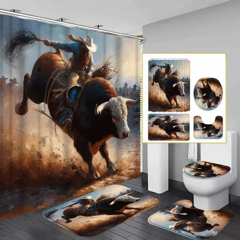 1/4 pc Western cowboy pattern design, shower curtain set, Western Shower Curtains For Bathroom, non-slip mat, U-shaped rug, toilet seat cover, Bathroom Accessory, includes 12/24 shower curtain hooks, Bathroom Decoration Accessories