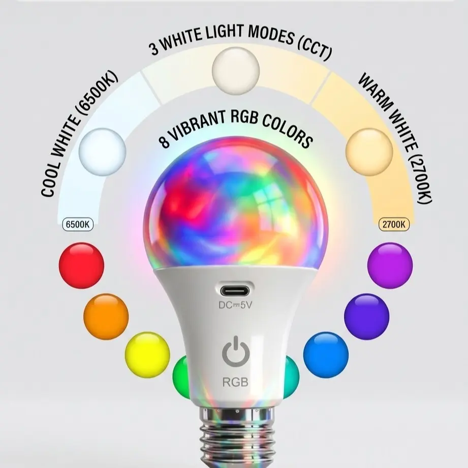 Rechargeable Wireless RGB LED Light Bulb, Remote Control, 8 Colors, Timed Dimming, Easy Installation, Emergency Lighting, Wx-12 Model