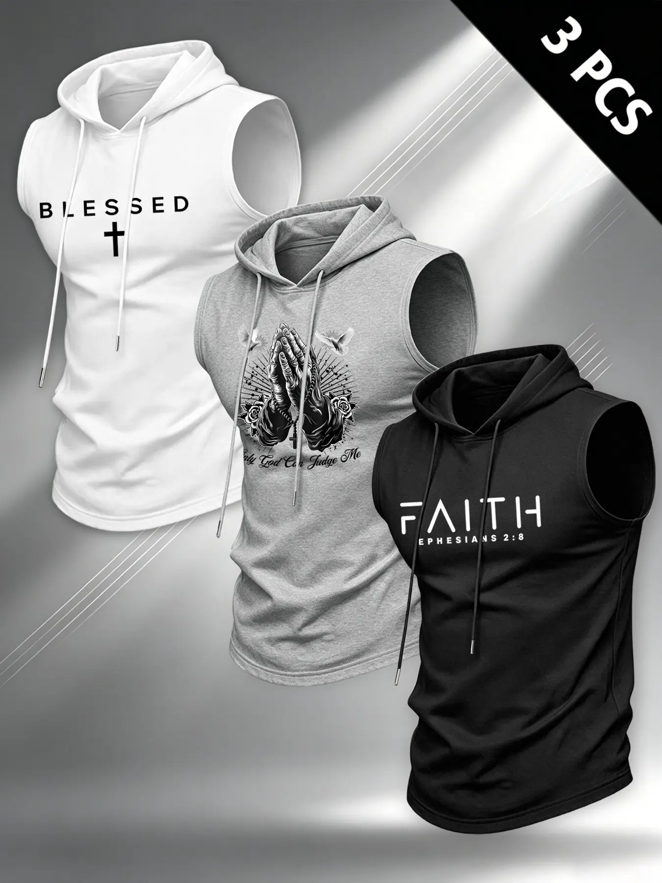 3-Pack Men's Hooded Sport Vest, Breathable Sports Vest, Jesus Print Design, Breathable Sleeveless, Ideal for Summer Outdoor, Fitness, Casual Wear
