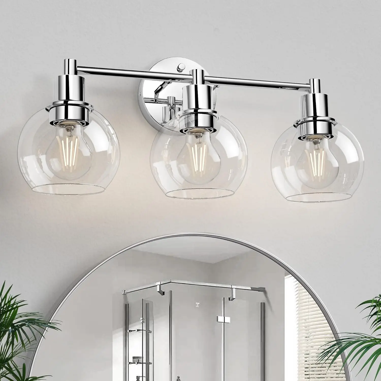3 Lights Bathroom Vanity Light Fixtures Chrome, Bathroom Lights Over Mirror, Industrial and Farmhouse 3 Light Wall Sconce, Polished Chrome Globe Vanity Lighting Fixtures
