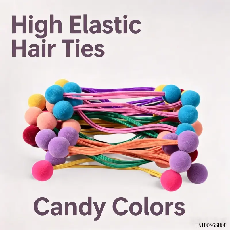10Pcs Candy Color Flocked Pom Pom Elastic Hair Scrunchies Set, Non-Damaging Stretchy Hair Bands, Warm Autumn Winter Gentle Ponytail Holders For Women Teen Girls Daily Campus Casual Hairstyle Outfits