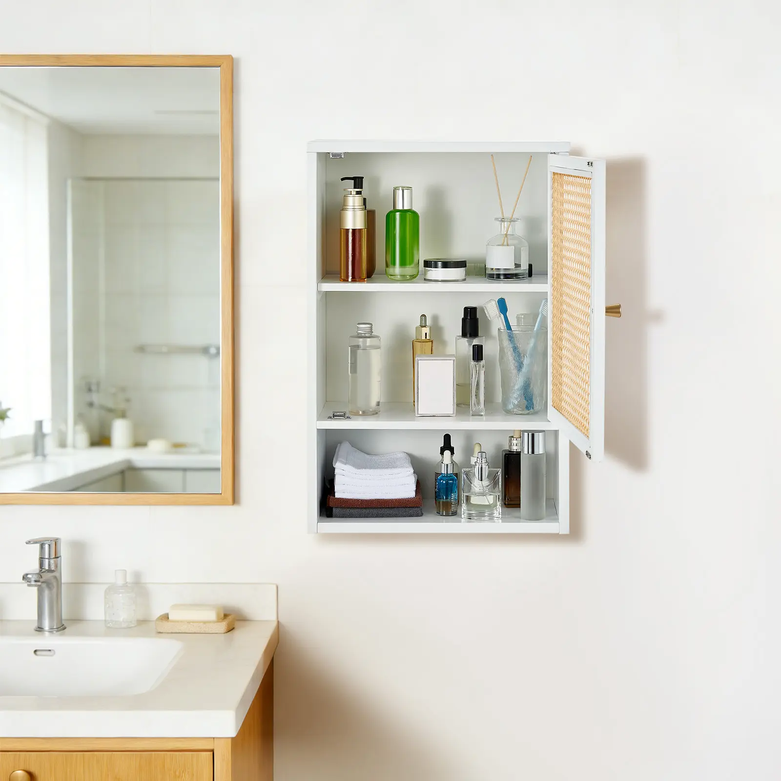 Space-Saving Bamboo Bathroom Wall Cabinet with Rattan Doors, Space Saving Wall Mounted Organizer for Bathroom, Kitchen, Laundry Room (Natural)