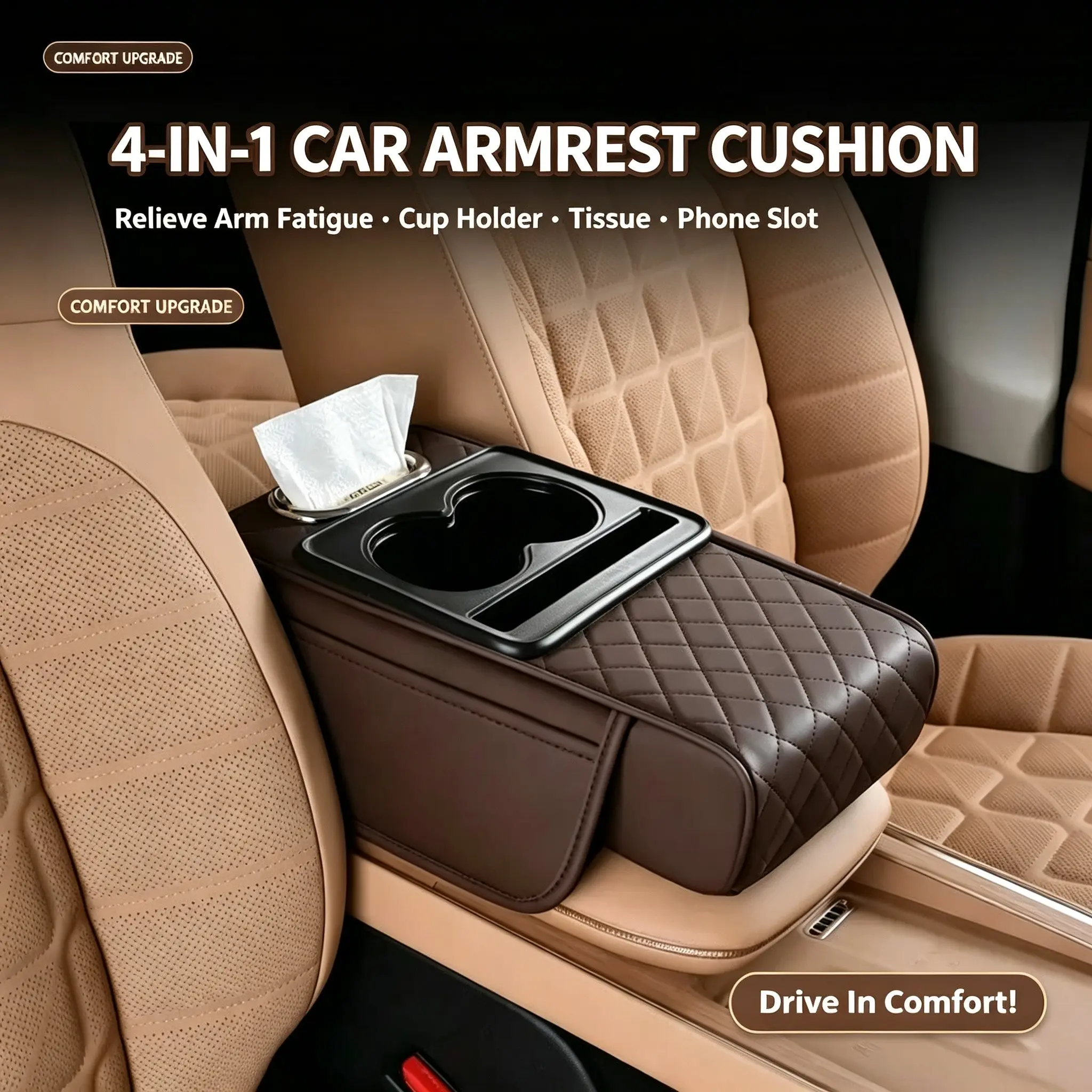 4-in-1 Premium PU Leather Car Center Console Organizer – Cup Holder, Phone Storage, Tissue Box, Armrest Pad, Easy-Clean Universal Interior Accessory for Long Drives (Velcro, No Tools)