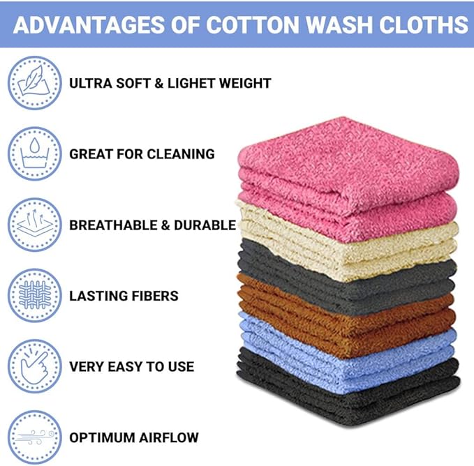 100% Cotton - Wash Cloth Set - Pack of 24, Flannel Face Cloths, Light Weight, Thin Quality Highly Absorbent and Soft Feel Fingertip Towels (12x12 Pack of 24) Gift Bath Multicolor