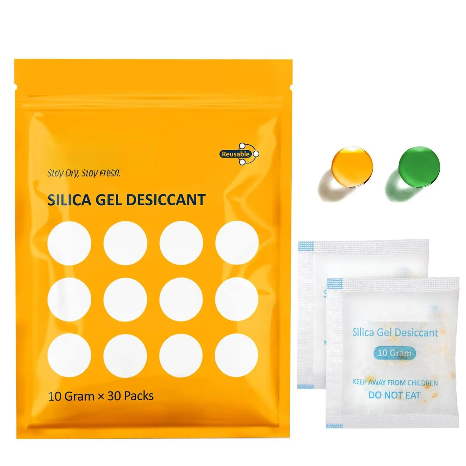 10 Gram [30 Packs] Silica Gel Desiccant Packets  for  with Color Indicating Rechargeable Small Dessicant Packs  Grade